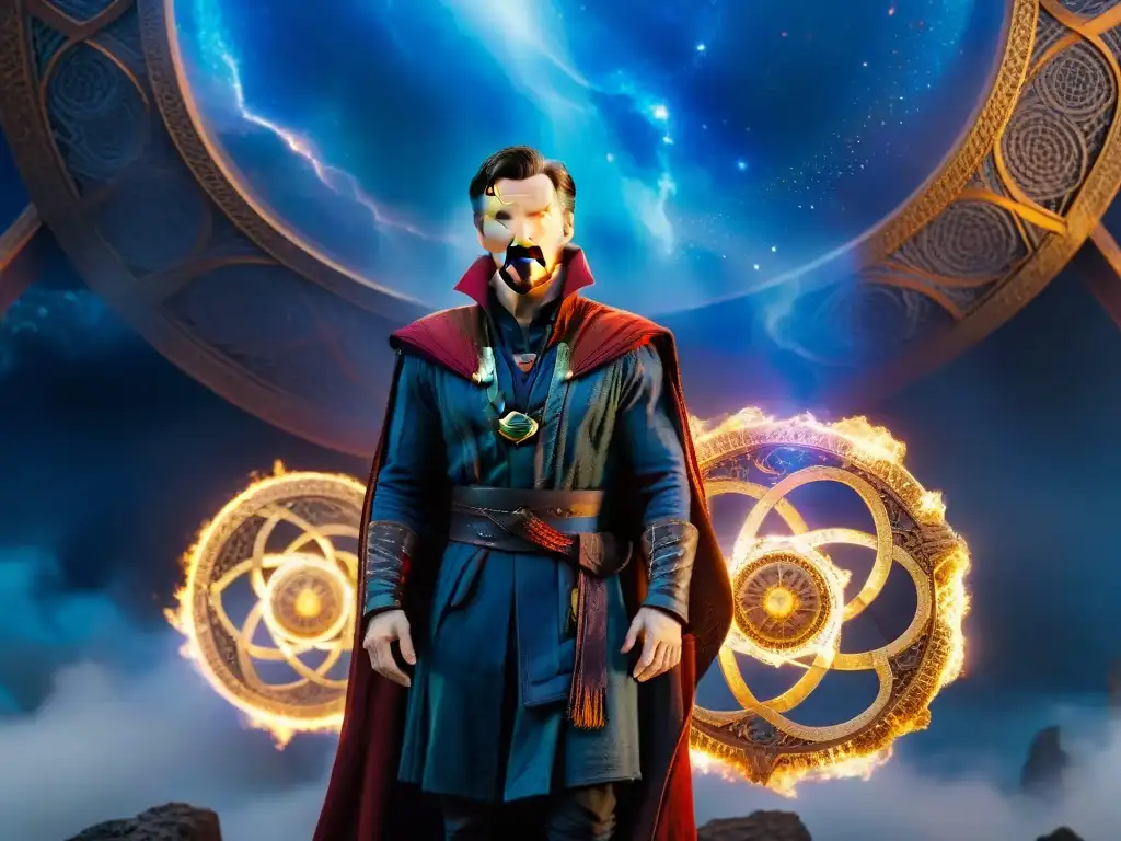 Doctor Strange en un reino místico rodeado de galaxias y portales brillantes, evocando la exploración de mundos ficticios profundos