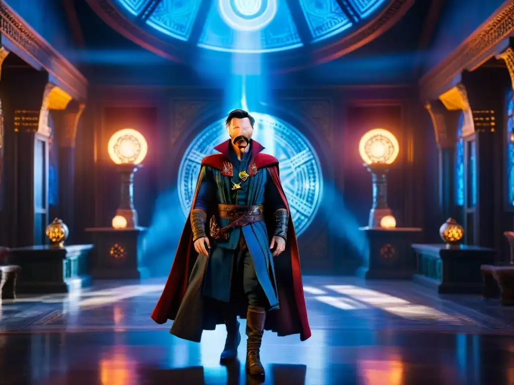 Doctor Strange en su Sanctum Sanctorum, rodeado de artefactos místicos, lanzando un hechizo con energía mágica vibrante a su alrededor