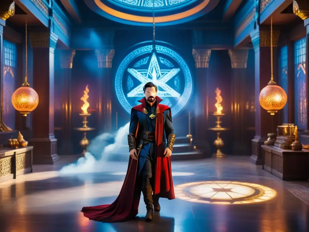 Doctor Strange en su Santuario rodeado de artefactos místicos, conjurando un portal a nuevas dimensiones y realidades del Multiverso Marvel