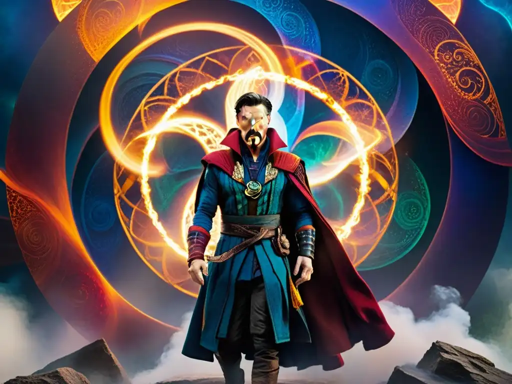 Doctor Strange en un vórtice de energías mágicas, rodeado de realidades alternativas