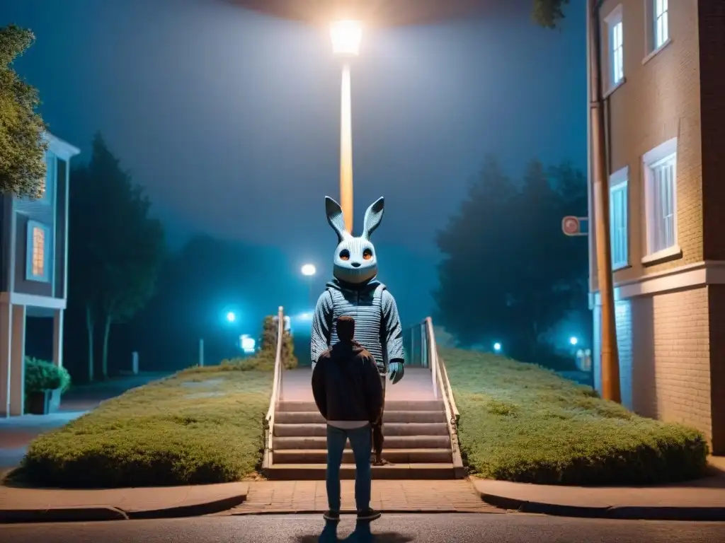 Donnie Darko de pie en la oscuridad de la noche, con una escalera espiral y una luz de farola