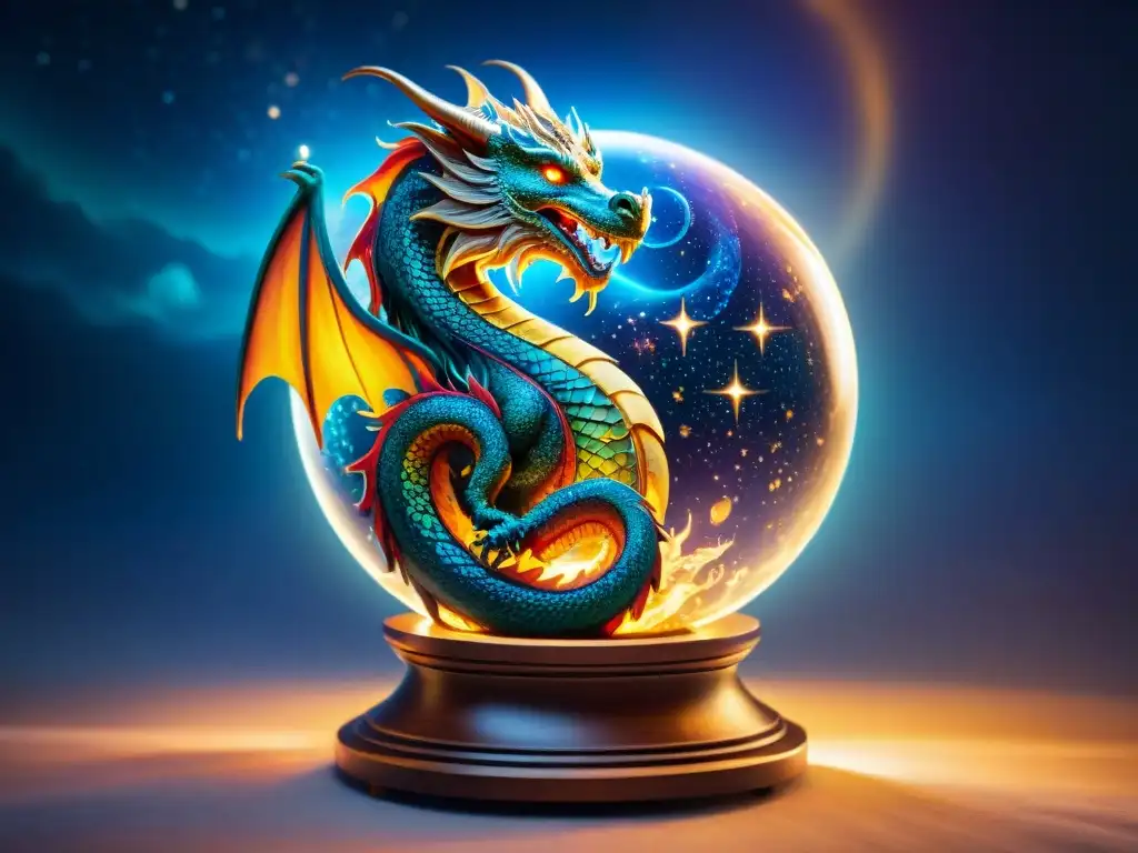 Un dragón alado enroscado alrededor de un globo celeste con signos zodiacales, reflejando su influencia en la astrología