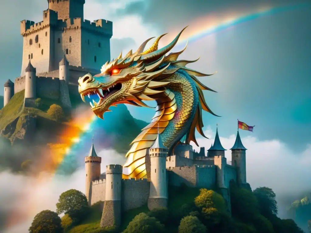 Un dragón dorado majestuoso enroscado alrededor de una espada brillante, en un castillo medieval envuelto en niebla con runas antiguas brillando en el aire