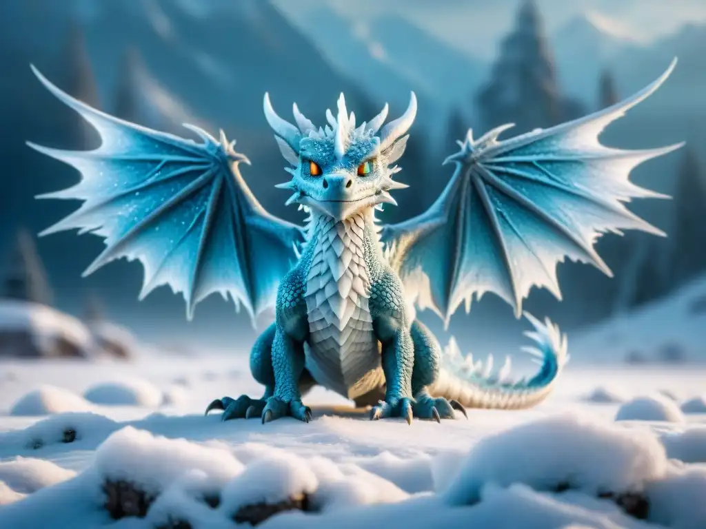 Un dragón de hielo majestuoso con escamas brillantes, ojos azules y alas desplegadas, dominando un paisaje helado