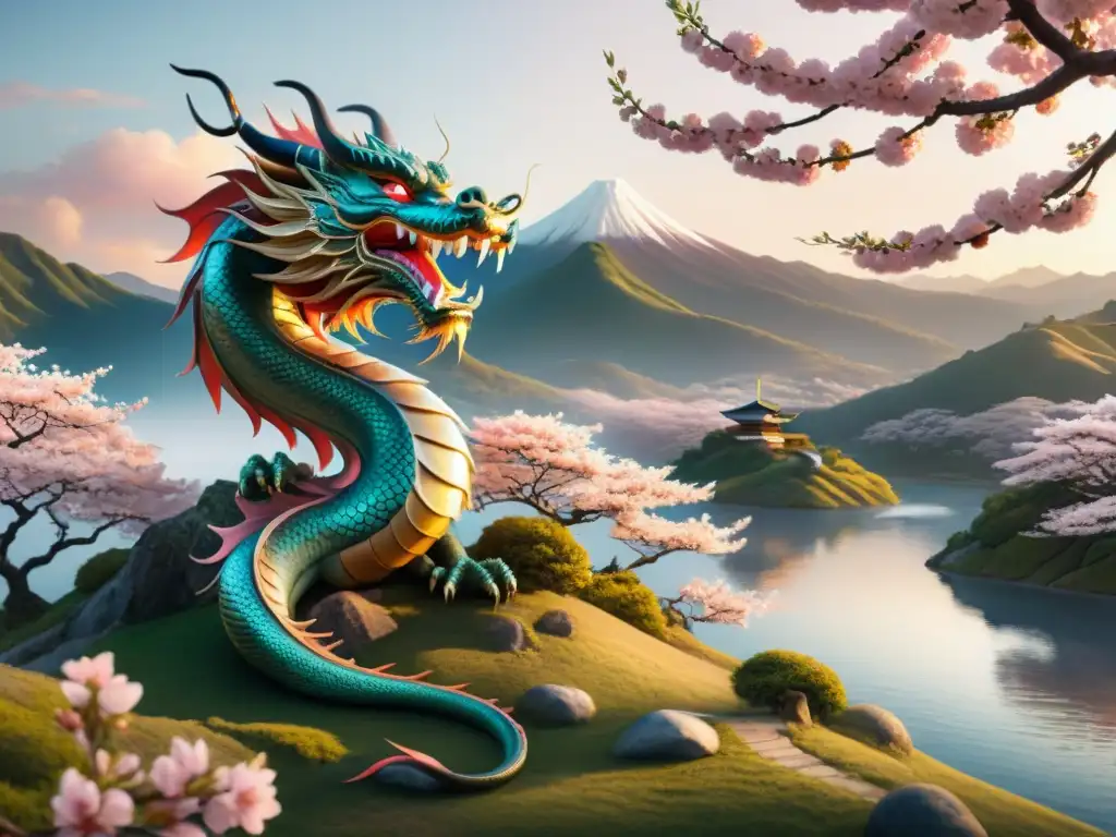 Dragón japonés y cerezo en flor: poder ancestral y belleza mística Un dragón japonés mítico rodea un majestuoso cerezo en flor