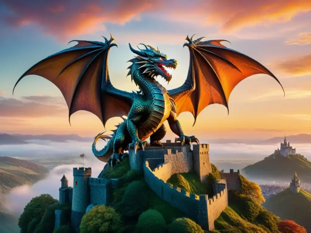 Dragón majestuoso sobre castillo ancestral al atardecer Un dragón majestuoso sobre un antiguo castillo, en un paisaje fantástico al atardecer
