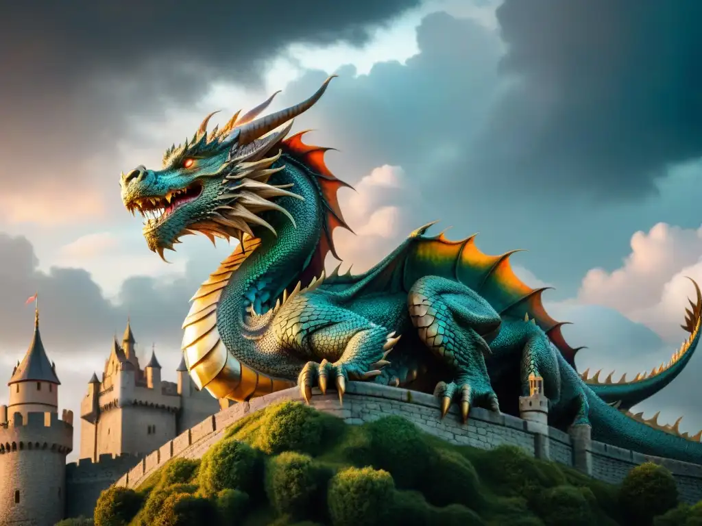 Un dragón majestuoso rodea un castillo, con un cielo dramático y misterioso