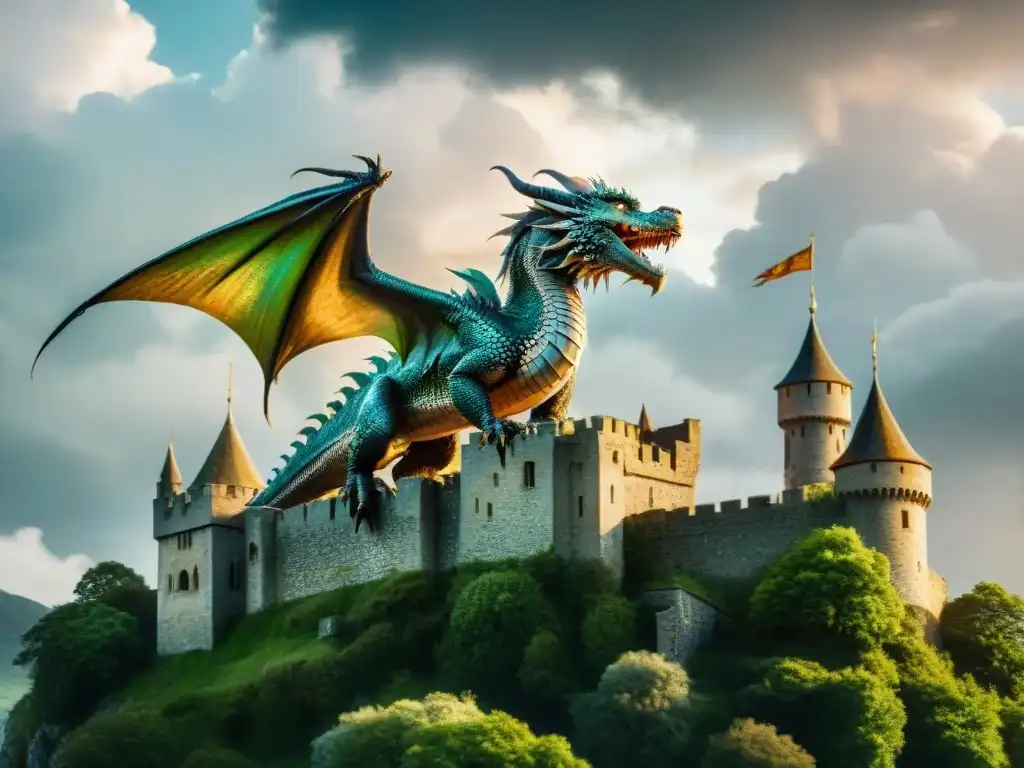 Un dragón majestuoso sobrevuela un castillo medieval en un cielo tormentoso