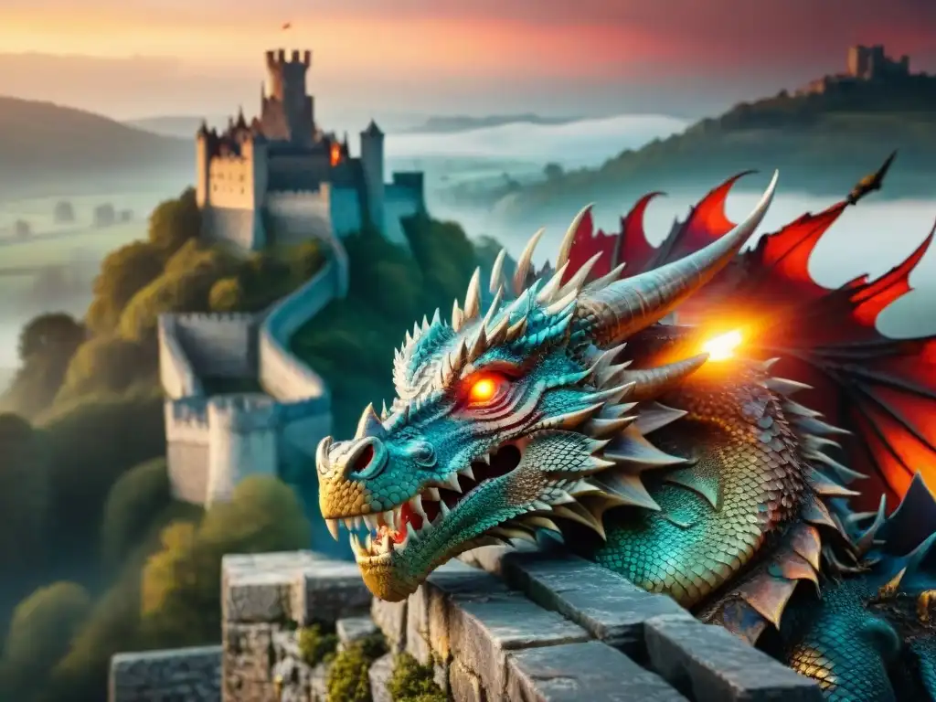 Un dragón majestuoso rodea un castillo medieval en ruinas al atardecer, con influencias mitológicas en fantasía moderna