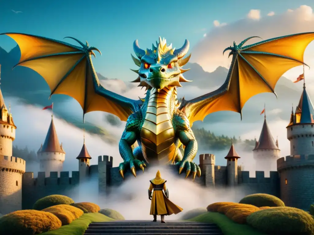 Un dragón majestuoso rodea un castillo de oro, con magos discutiendo y criaturas místicas cargando tesoros