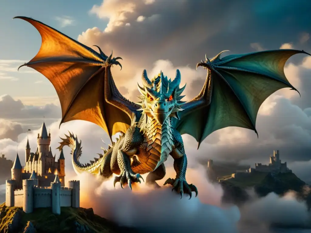 Un dragón majestuoso sobrevolando castillos de Westeros, con escamas brillantes y ojos intensos, en un mundo épico de Game of Thrones