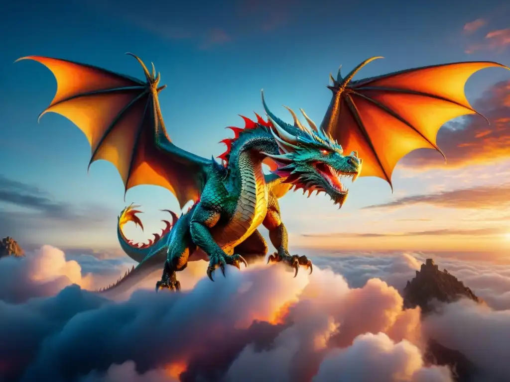 Un dragón majestuoso surca el cielo al atardecer, sus escamas iridiscentes brillan