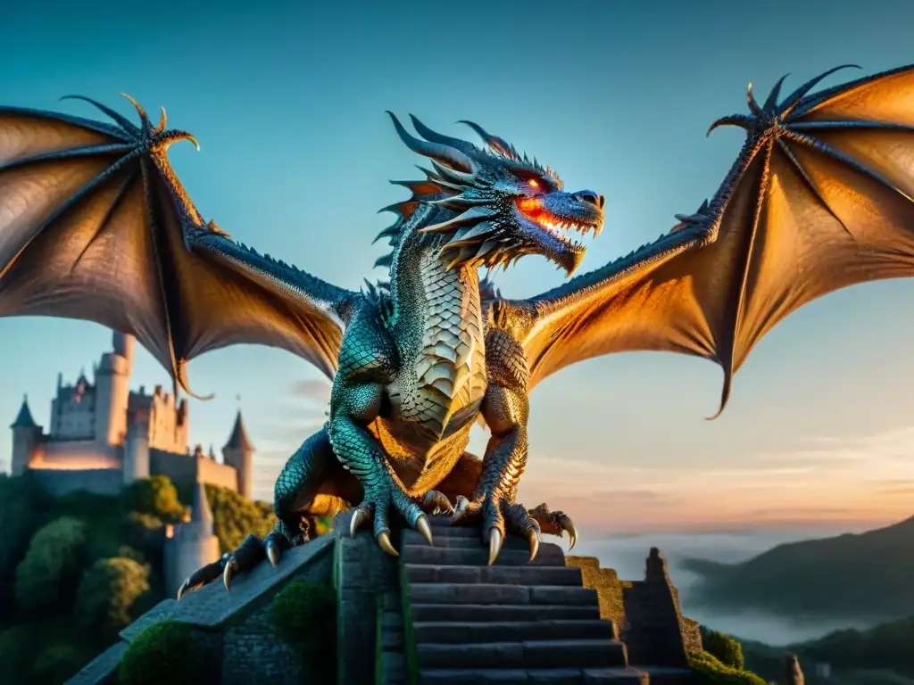 Un dragón majestuoso surca el cielo nocturno, sus escamas iridiscentes brillan a la luz de la luna