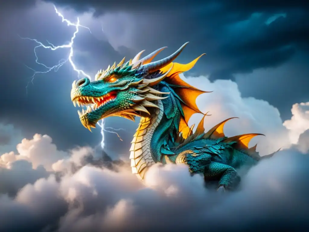 Un dragón majestuoso surca el cielo tormentoso, sus escamas iridiscentes brillan contra las nubes oscuras