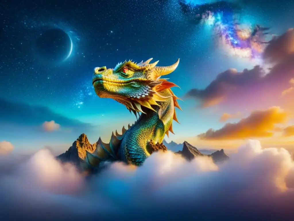 Un dragón majestuoso surca un cielo vibrante de galaxias, evocando mitologías inspiradoras en mundos ficticios