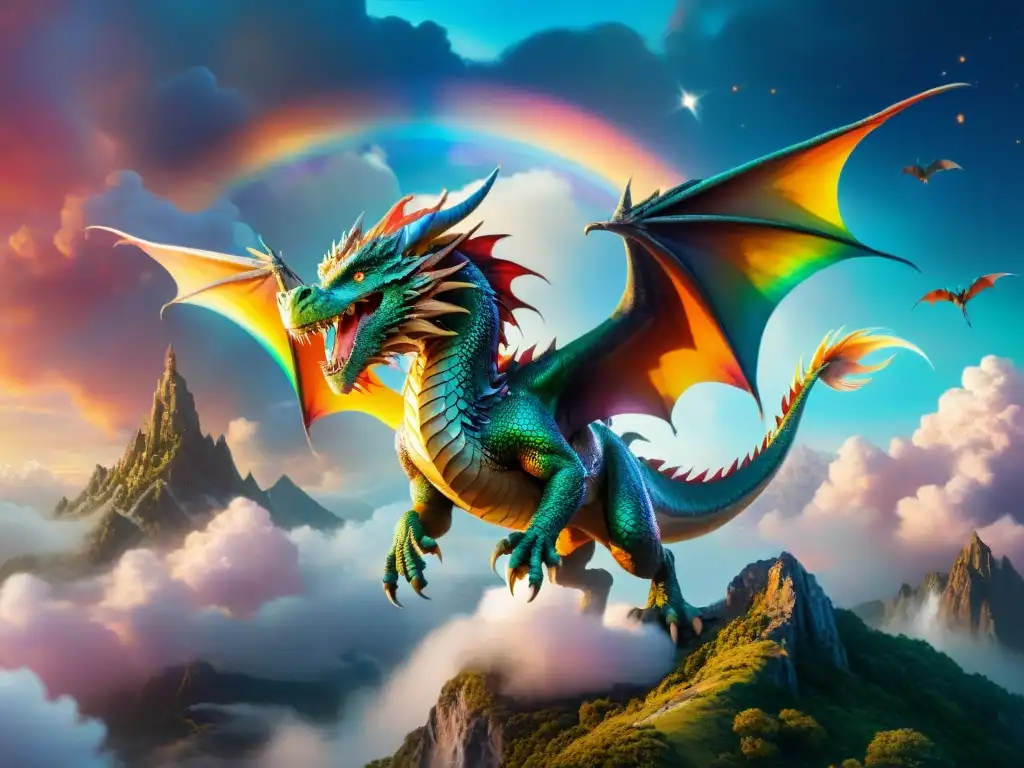 Dragón majestuoso surcando cielo vibrante en 8k Un dragón majestuoso surca un cielo vibrante, lleno de nubes y estrellas brillantes