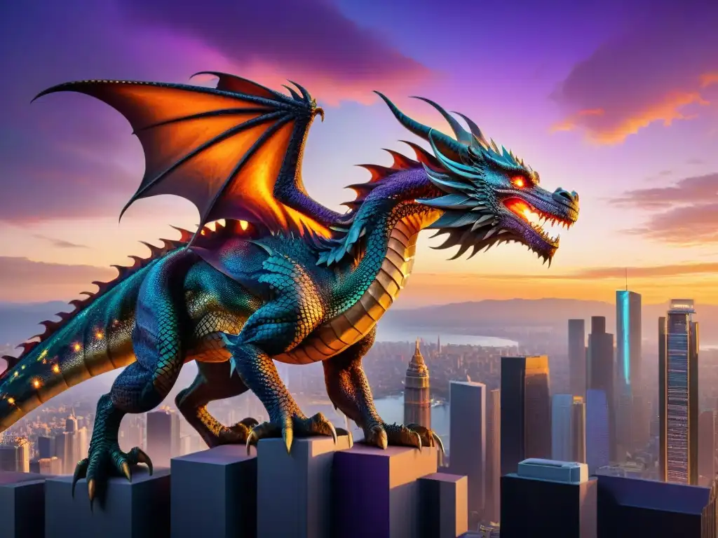 Un dragón majestuoso sobrevuela la ciudad al atardecer, sus escamas iridiscentes brillan bajo el sol