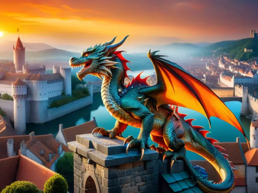 Un dragón majestuoso observa una ciudad medieval desde una torre, sus escamas iridiscentes brillan al atardecer