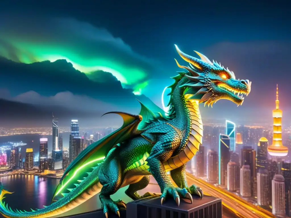 Un dragón majestuoso con escamas brillantes reflejando la luz de la ciudad, surcando un paisaje urbano futurista