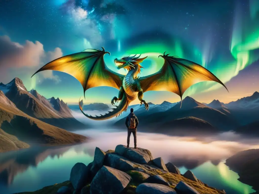 Un dragón majestuoso con escamas brillantes, posado en un acantilado rocoso contemplando un paisaje místico