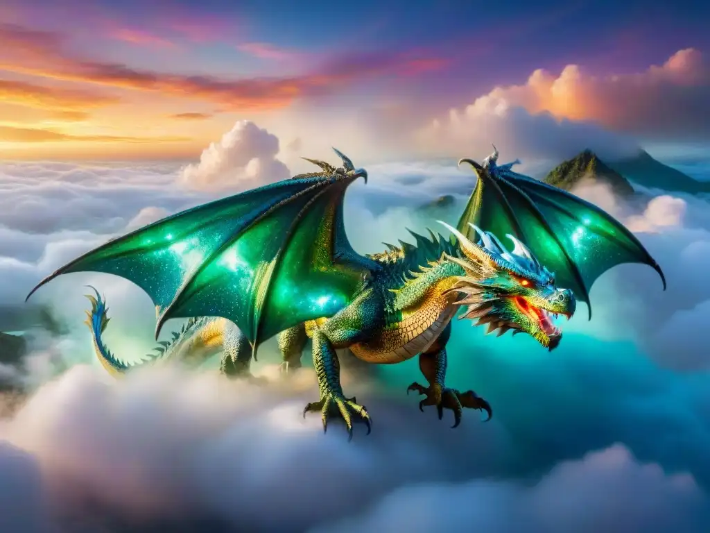 Un dragón majestuoso de escamas esmeralda surca un cielo vibrante lleno de galaxias y estrellas, representando la importancia de las mascotas en universos fantásticos