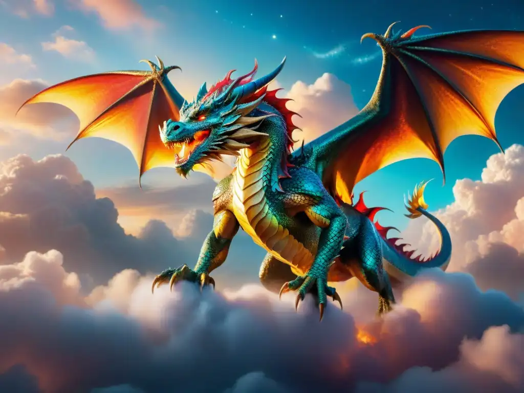 Un dragón majestuoso con escamas iridiscentes surca el cielo, reinterpretación criaturas míticas era moderna