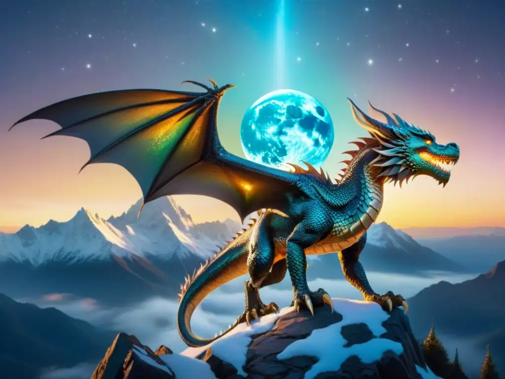 Un dragón majestuoso con escamas iridiscentes bajo un cielo iluminado por la luna, en un mundo imaginario de origen criaturas fantásticas