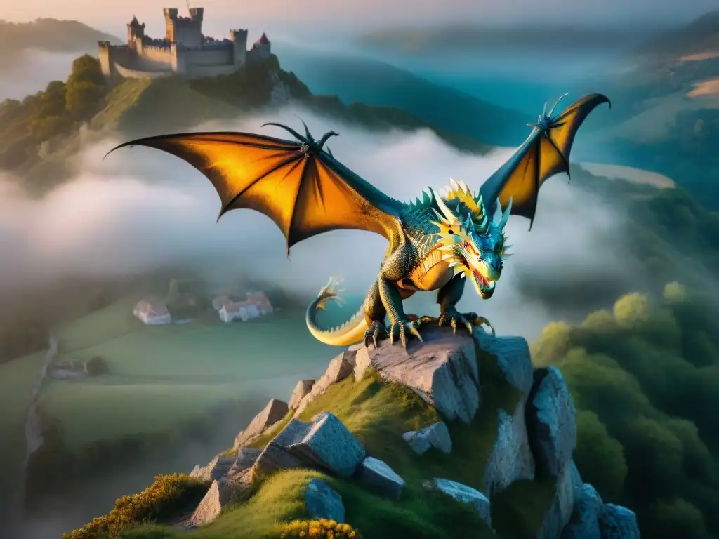 Un dragón majestuoso con escamas iridiscentes y ojos penetrantes, en un acantilado con un paisaje místico