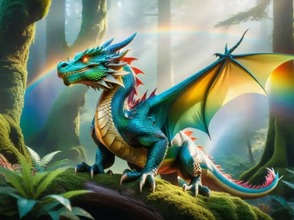 Dragón majestuoso en bosque encantado, ojos de sabiduría y poder Un dragón majestuoso con escamas iridiscentes, sobrevolando un antiguo bosque encantado, habitado por criaturas fantásticas en mundos ficticios