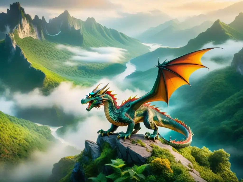 Dragón majestuoso en un paisaje mágico al atardecer Un dragón majestuoso con escamas iridiscentes, posado en un acantilado con vistas a un paisaje fantástico