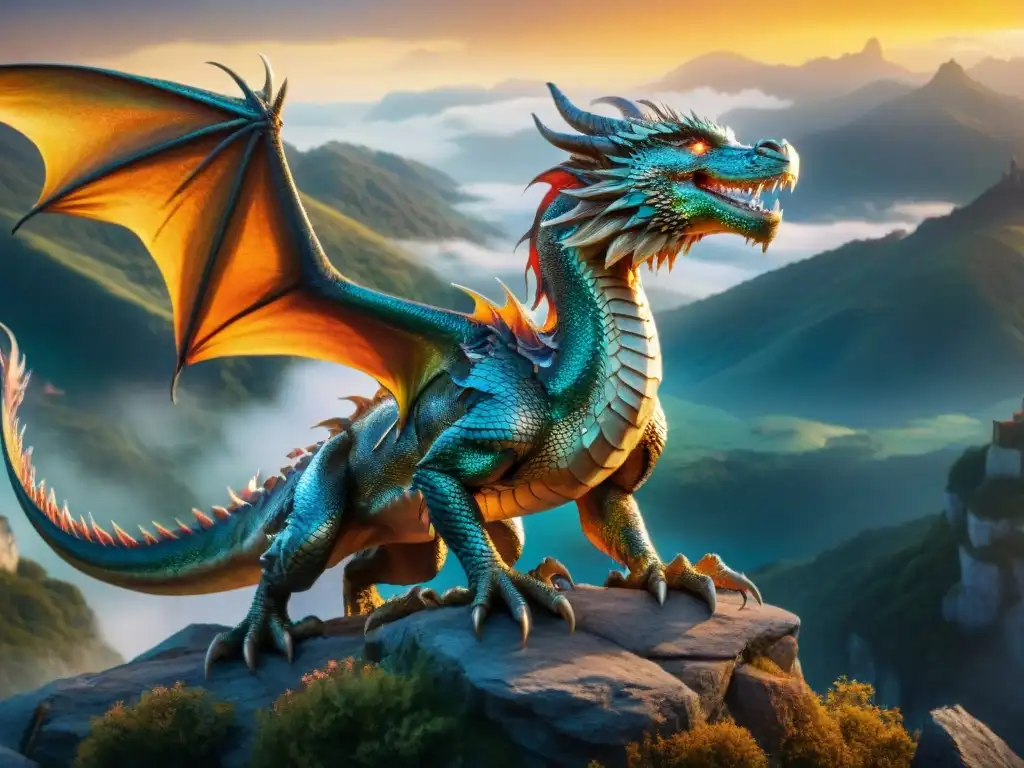 Dragón majestuoso en acantilado al atardecer Un dragón majestuoso con escamas iridiscentes en un acantilado, bajo la luz dorada del atardecer