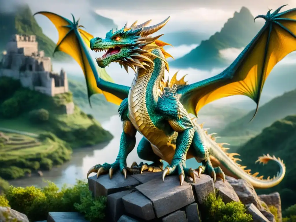 Un dragón majestuoso con escamas iridiscentes en un paisaje místico