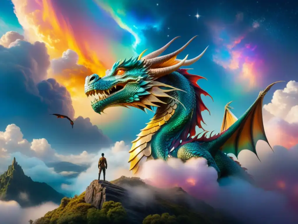 Un dragón majestuoso con escamas iridiscentes surca un cielo vibrante y mágico, atrapando la luz en un despliegue de color