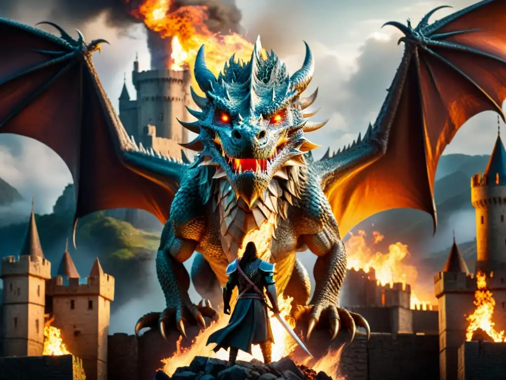 Dragón majestuoso arrasa castillo medieval en llamas Un dragón majestuoso de escamas relucientes destruye un castillo medieval en llamas, reflejando traiciones en alianzas humanos criaturas