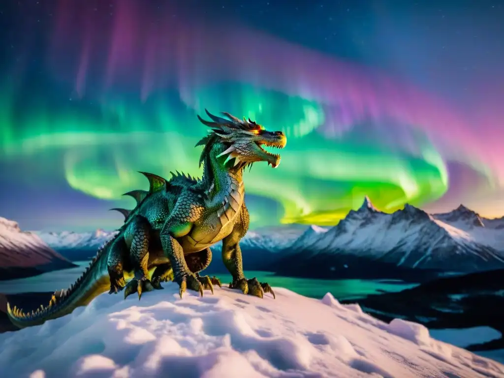 Un dragón majestuoso con escamas relucientes, sobre una montaña nevada con la aurora boreal en el cielo