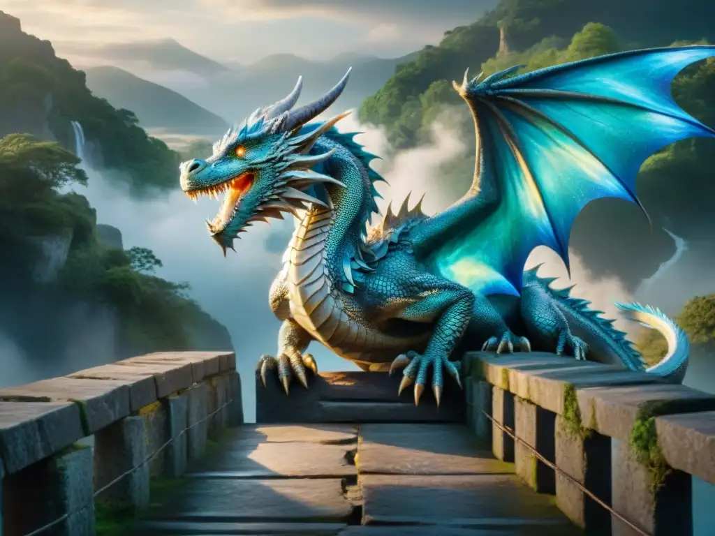 Un dragón majestuoso y etéreo, con escamas iridiscentes azules y plateadas, en un puente entre mundos ficticios, evocando misterio y asombro