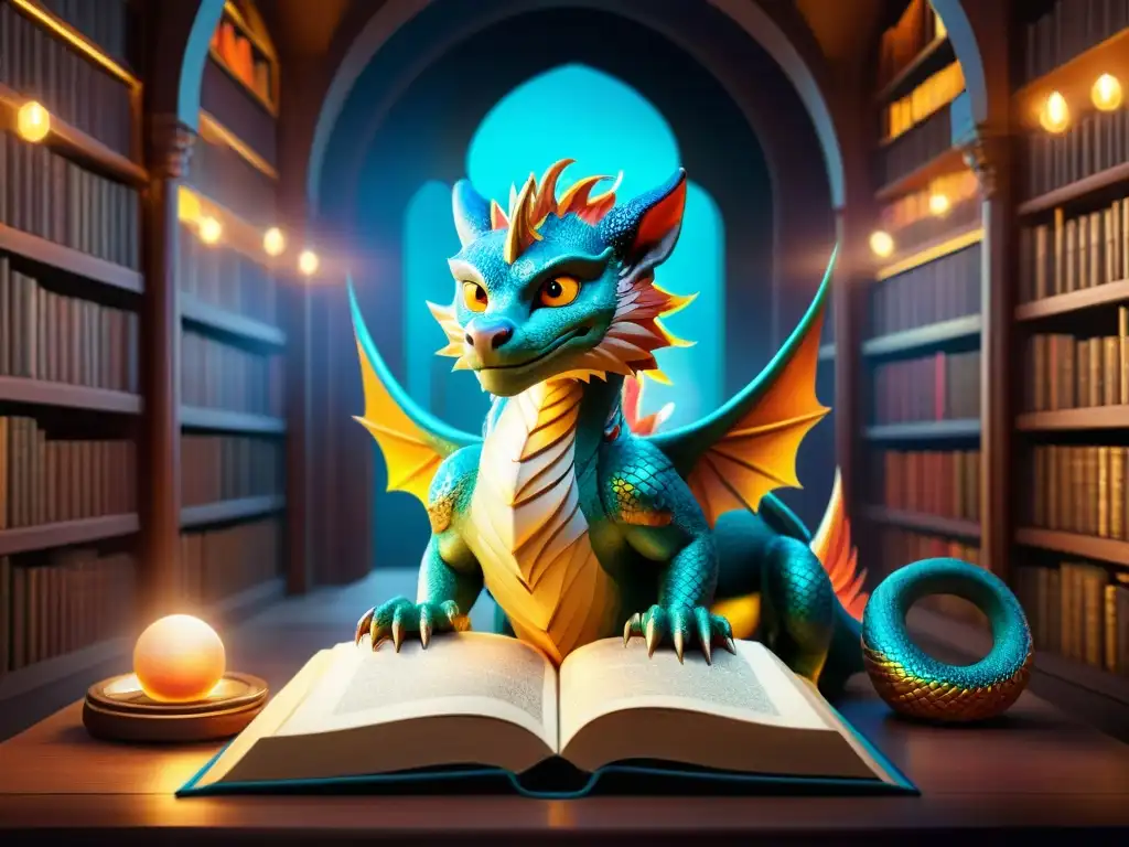 Un dragón majestuoso, un fénix, una esfinge y un kitsune en una biblioteca mágica