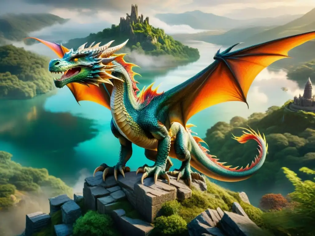 Un dragón majestuoso y fuego en un paisaje místico, reflejado en un lago, evocando la magia de los dragones ficticios en películas y literatura