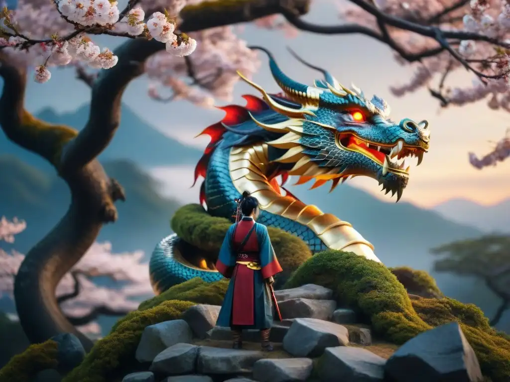 Dragón majestuoso protegiendo un cerezo sagrado Un dragón majestuoso protege a un guerrero bajo un cerezo sagrado en una escena mística de la mitología japonesa en anime moderno