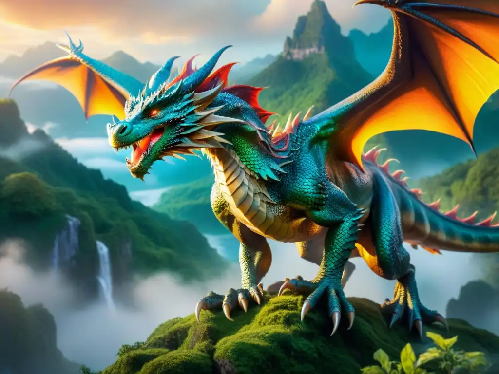 Un dragón majestuoso y místico surcando un cielo vibrante y etéreo, con escamas iridiscentes y ojos llenos de poder, evocando seres alados de ficción