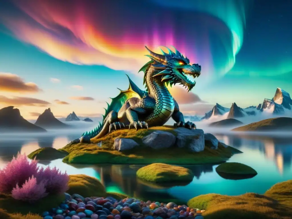 Un dragón majestuoso resplandece sobre un montón de gemas multicolores, reflejando la belleza de las piedras preciosas en universos ficticios