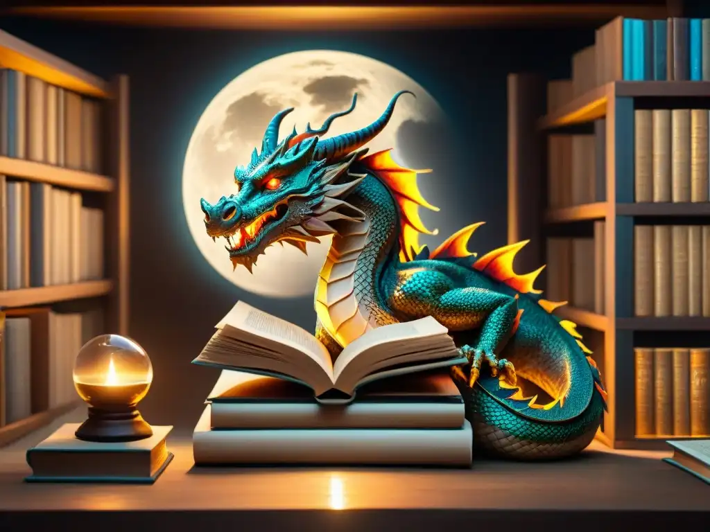 Un dragón majestuoso sobre un montón de libros antiguos, con escamas iridiscentes bajo la luz de la luna