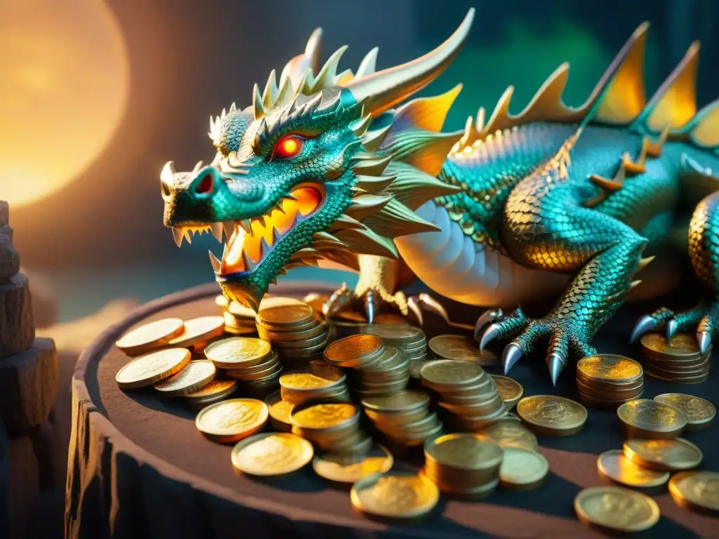 Un dragón majestuoso reposa sobre una pila de monedas de oro, su escama refleja la luz de antorchas en una cámara oscura