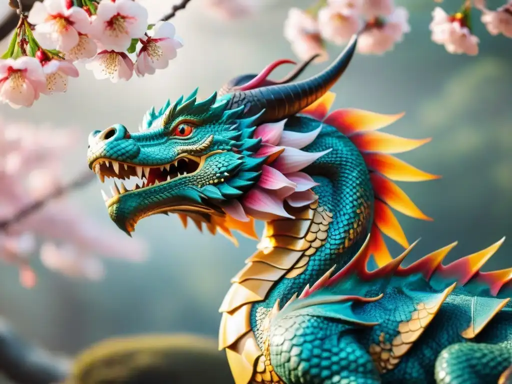 Dragón majestuoso entre sakuras: mitología japonesa Un dragón majestuoso entre un sakura floreciente, evocando la mitología japonesa en anime moderno