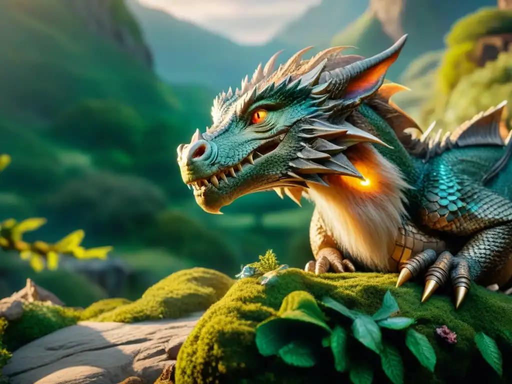 Un dragón majestuoso resguarda un tesoro brillante en un bosque místico, evocando el simbolismo mitológico en El Hobbit