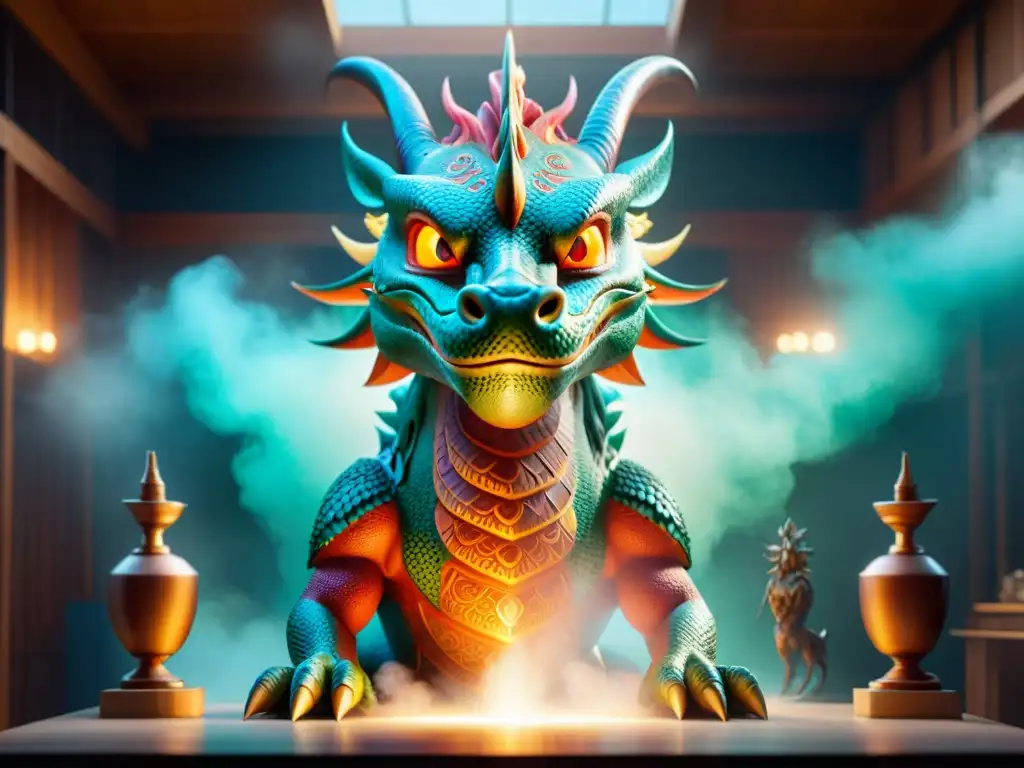 Conversación mágica entre dragones y artistas contemporáneos Un dragón mítico conversa con artistas contemporáneos en un estudio vibrante