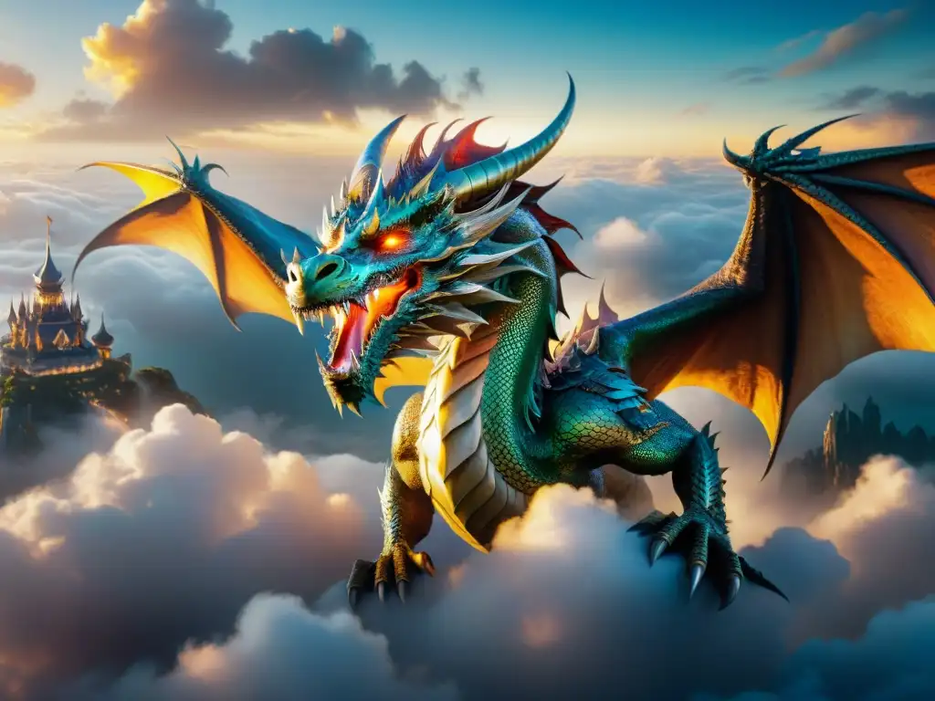 Un dragón mítico surca los cielos sobre un reino de fantasía, con escamas iridiscentes