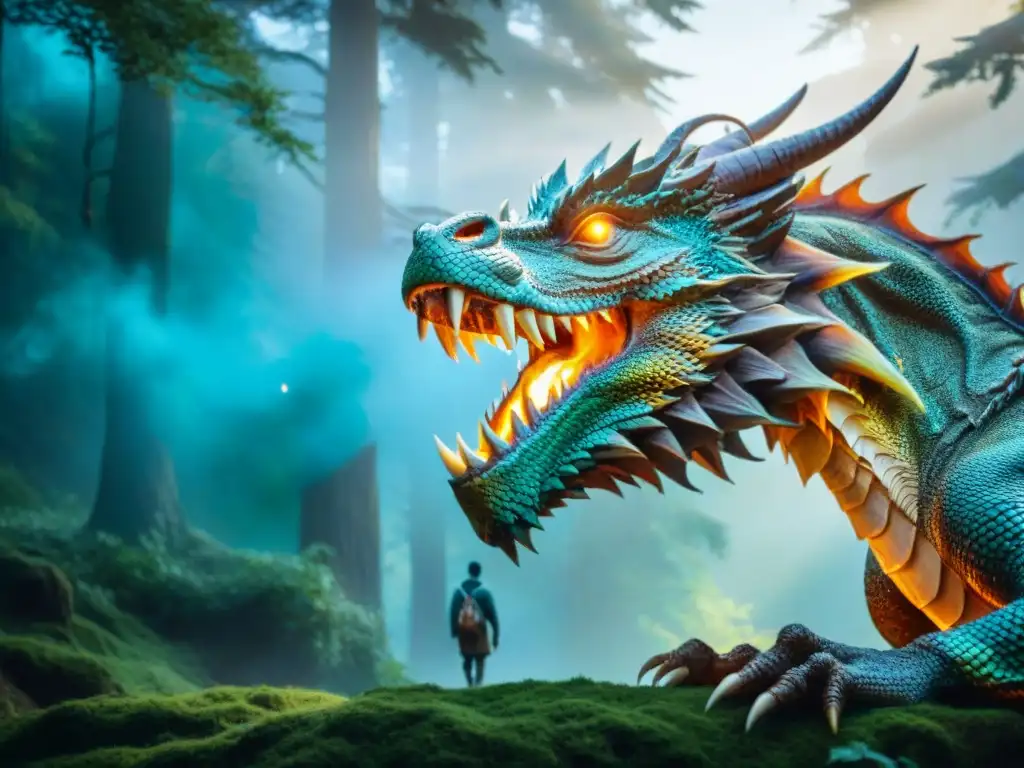 Dragón místico y humanos unidos en amistad y armonía en bosque mágico Un dragón mítico con escamas iridiscentes nuzzling a un grupo de personajes humanos diversos, simbolizando amistad y unidad en un bosque místico bajo la luz de la luna