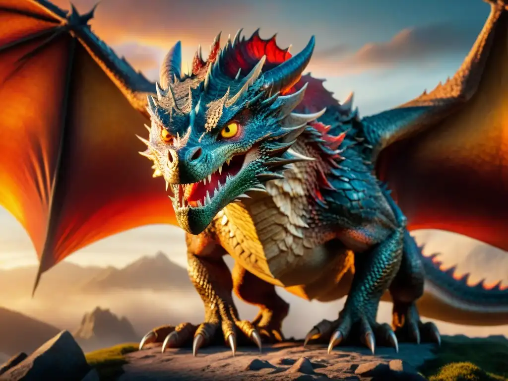 Dragón Smaug en El Hobbit análisis: escamas brillantes bajo el atardecer de fuego, poderosa mirada y tesoro