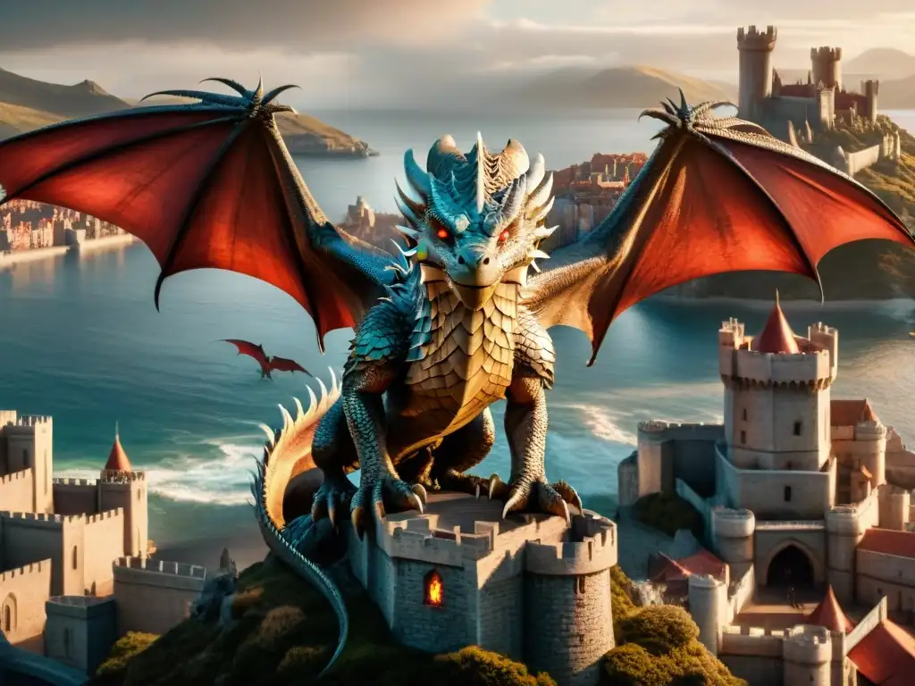 Un dragón Targaryen sobrevuela majestuosamente King's Landing, simbolizando el poder y la influencia de la dinastía Targaryen